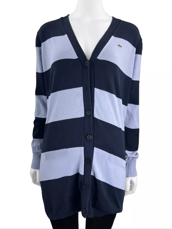 Lacoste Sweaters - Y2K Lacoste Rugby Stripe Tunic Length Button Down Cotton Knit Cardigan Sweater.